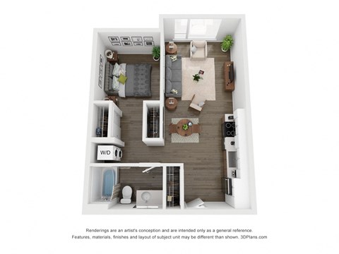 Floor plan for 1 bed, 1 bath, 637 sqft